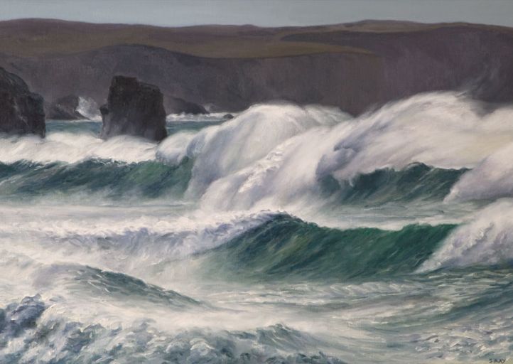Rough Seas at Constantine Bay in Oil picture by local Padstow artist Susie Ray